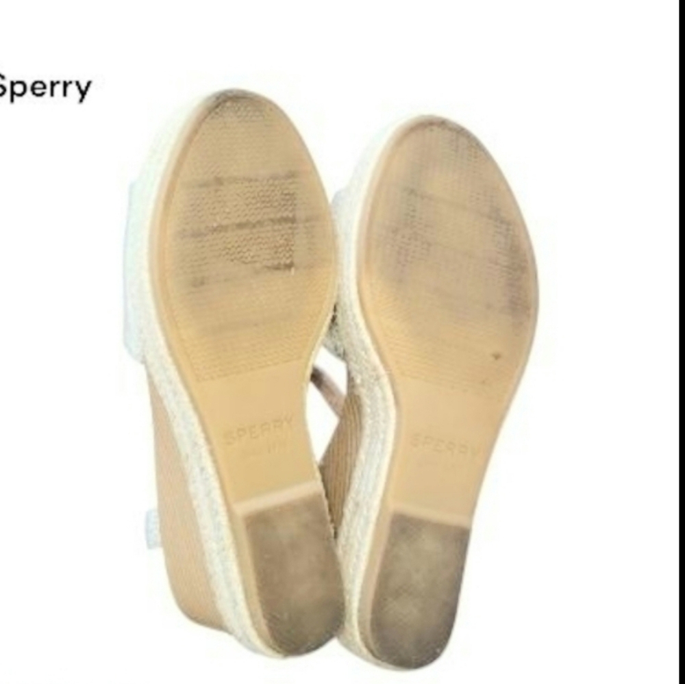 Sperry Topsider Plushwave Fairwater Metallic Gold Tan Leather Espadrille Wedge 9 - Picture 4 of 12